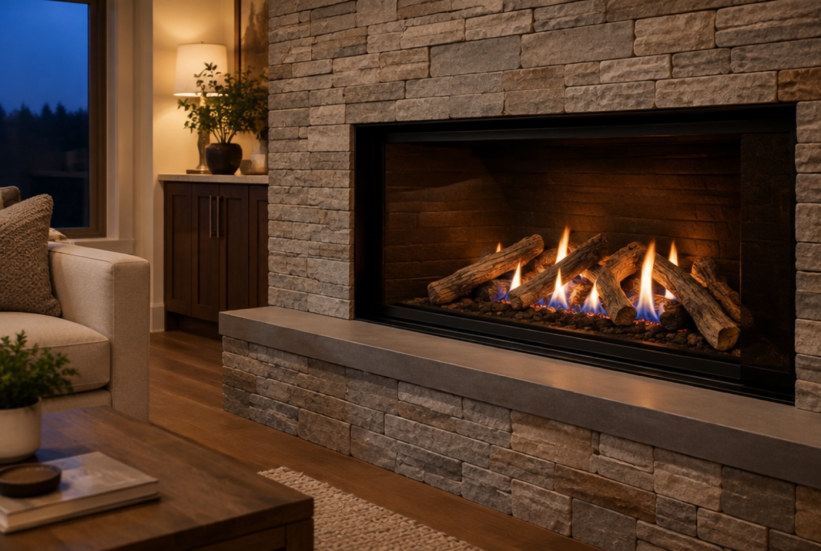 Modern gas fireplace with ceramic logs behind glass in a stone surround