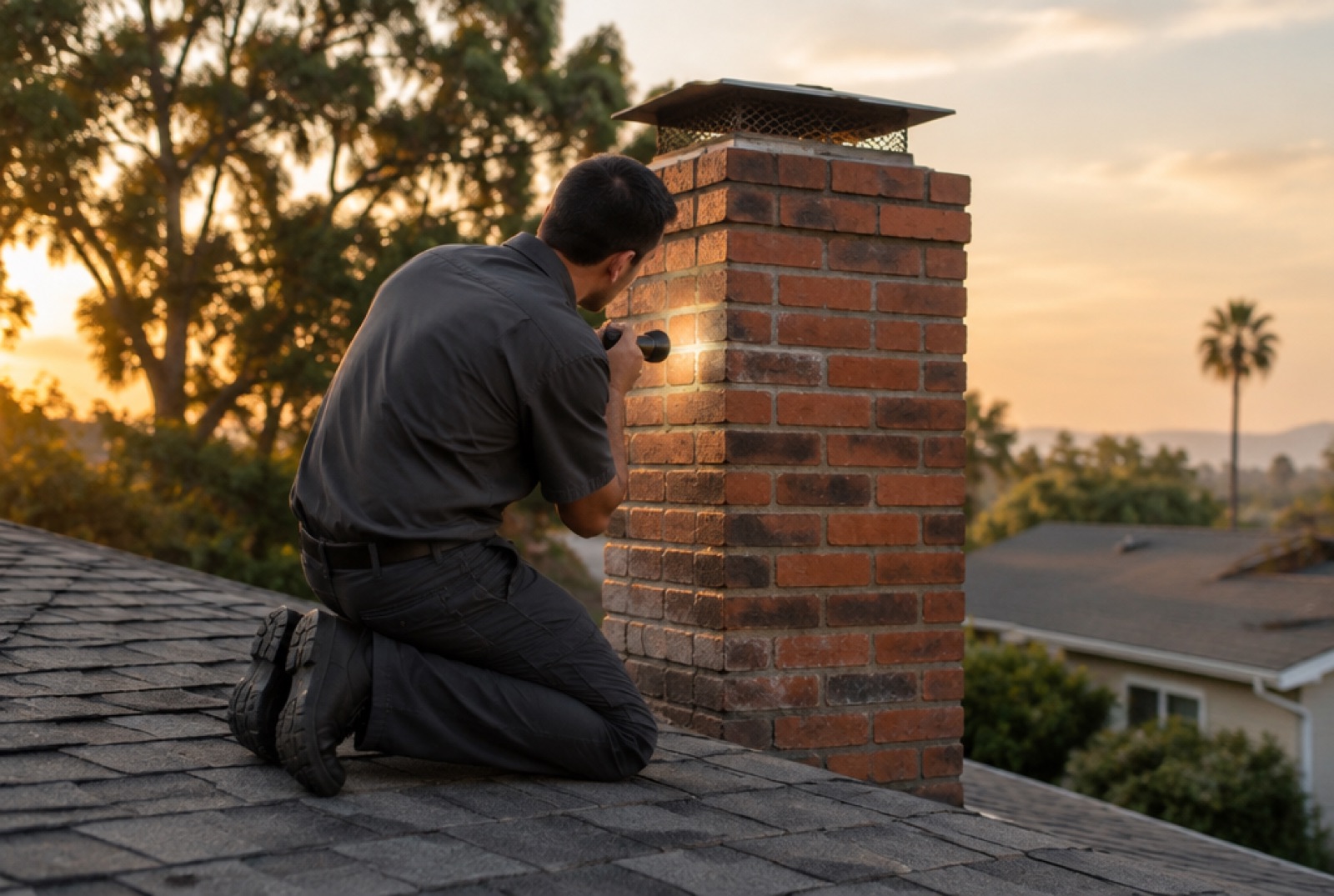 Technician inspecting a brick chimney on a residential roof at sunset