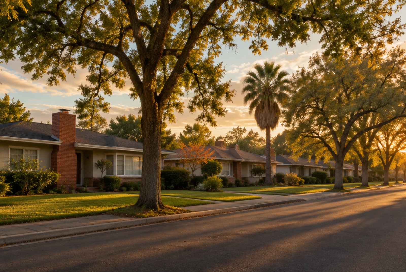Tree-lined residential street with single-story homes and brick chimneys at golden hour